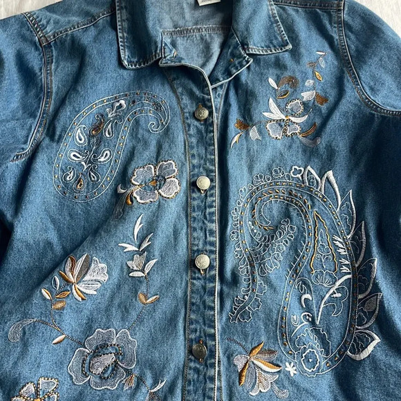 Vintage Floral Stitched Denim Jean Jacket XL - Picture 3 of 6